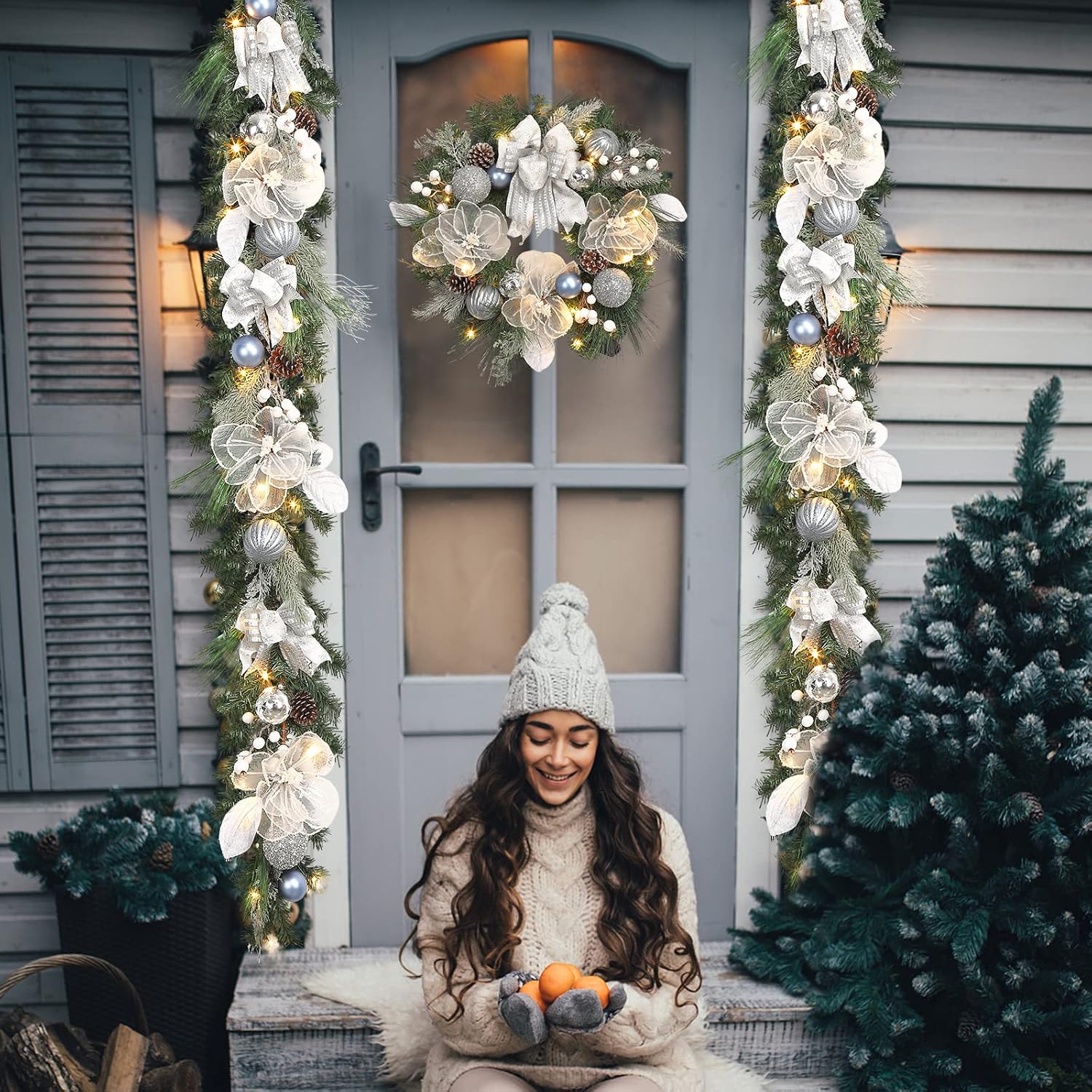 Pre-lit 6 feet Winter White Silver Christmas Garland Decor 20 LED Lights,Garland with Balls and Ribbon Bow,Xmas