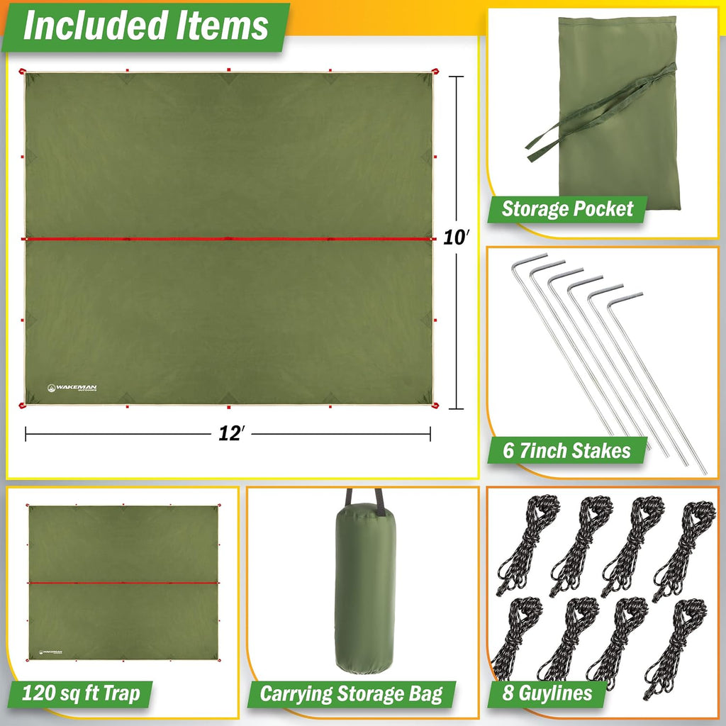 Camping Tarp for Tent or Hammock Rain Fly - 10 x 12 Tarp for Camping, Hiking, Backpacking or Portable Lightweight