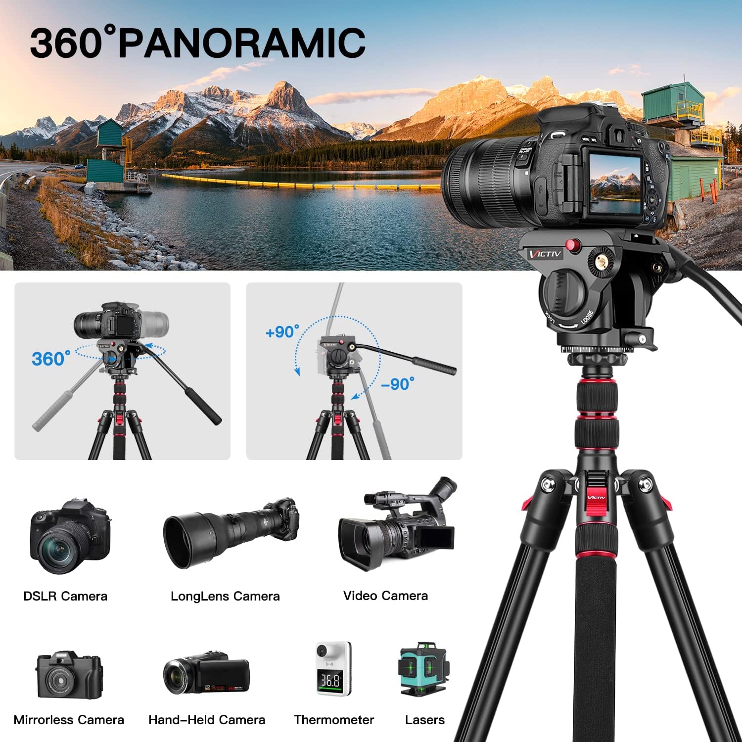 Video Tripod, 72" Heavy Duty Fluid Head Camera Tripod with Carry Bag | Professional Aluminum Camera Tripod Stand