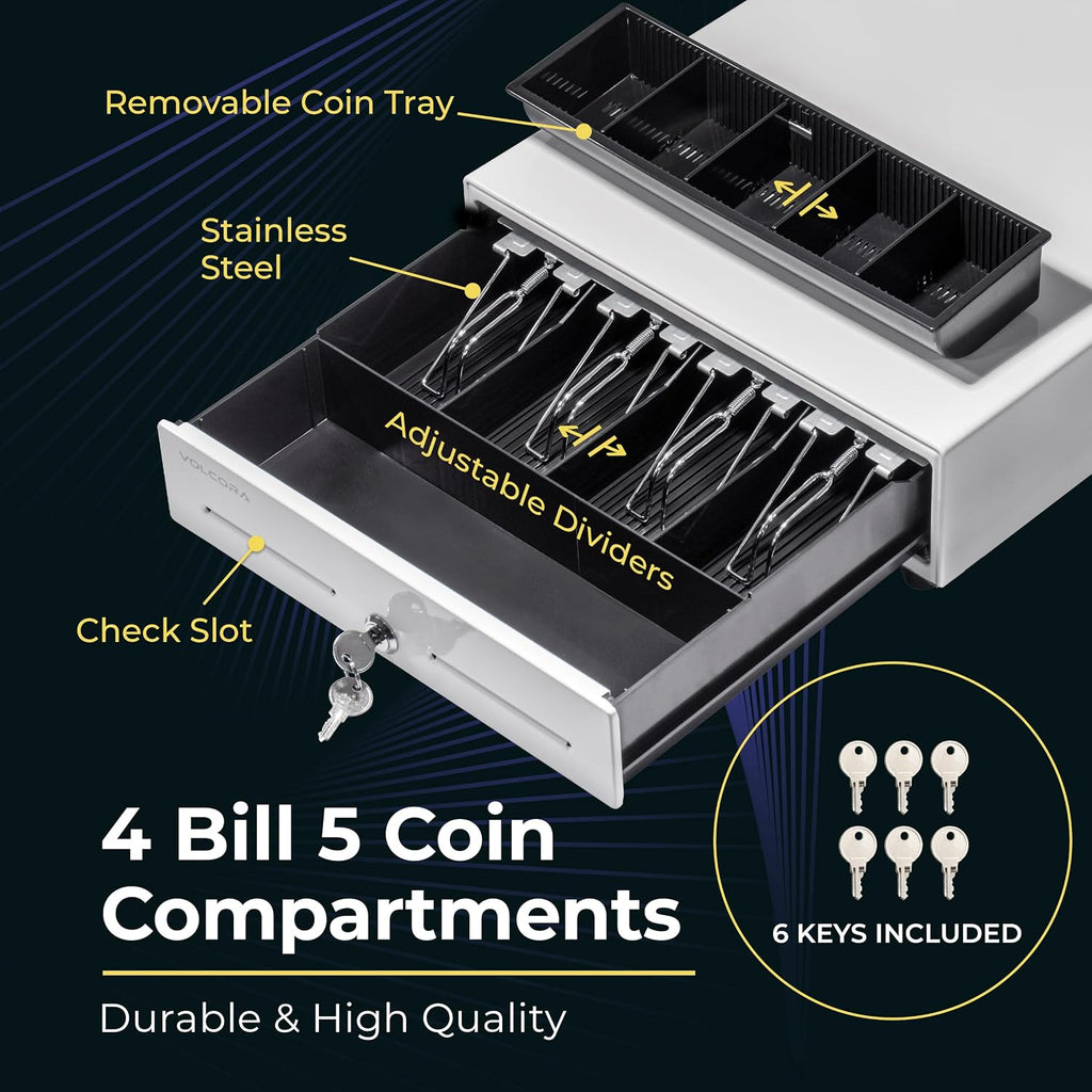 13" Manual Push Open Cash Register Drawer for Point of Sale (POS) System, White Heavy Duty Till with 4 Bills and 5