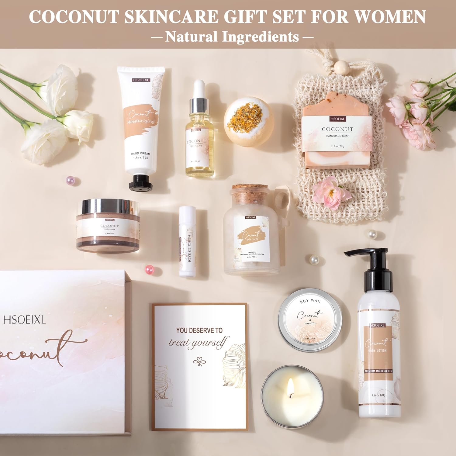 Gifts for Women Bath and Body Gift Basket Set for Women, 12 Piece Set of Coconut Home Spa Set for Self Care, Mothers