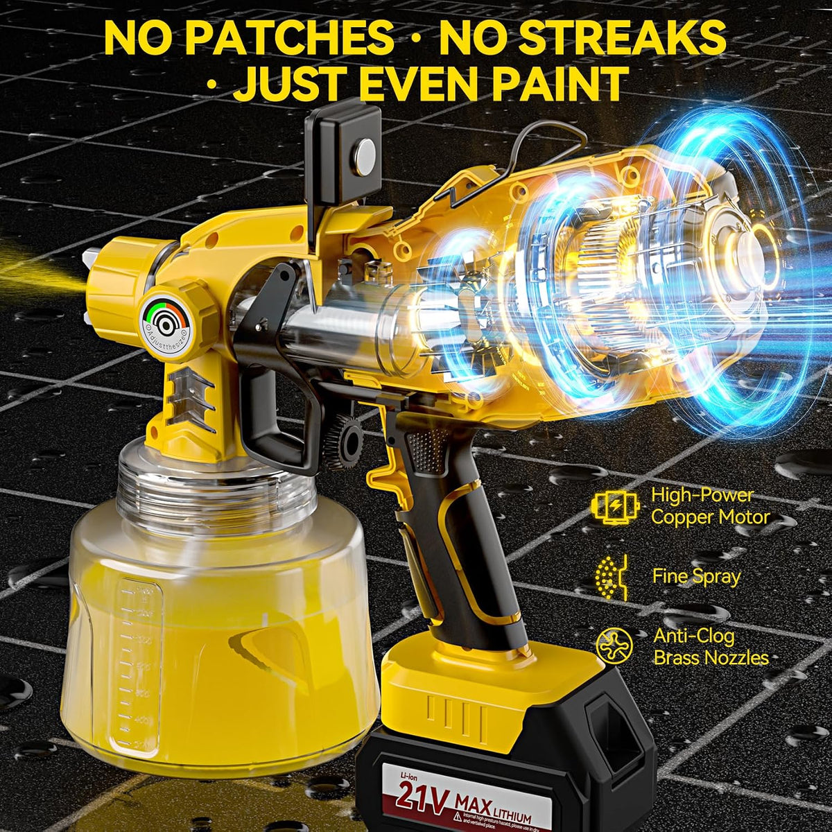 Cordless Paint Sprayer with LED Light, HVLP Spray Compatible with DEWALT 20V Battery, 1400ml Container, 4 Brass