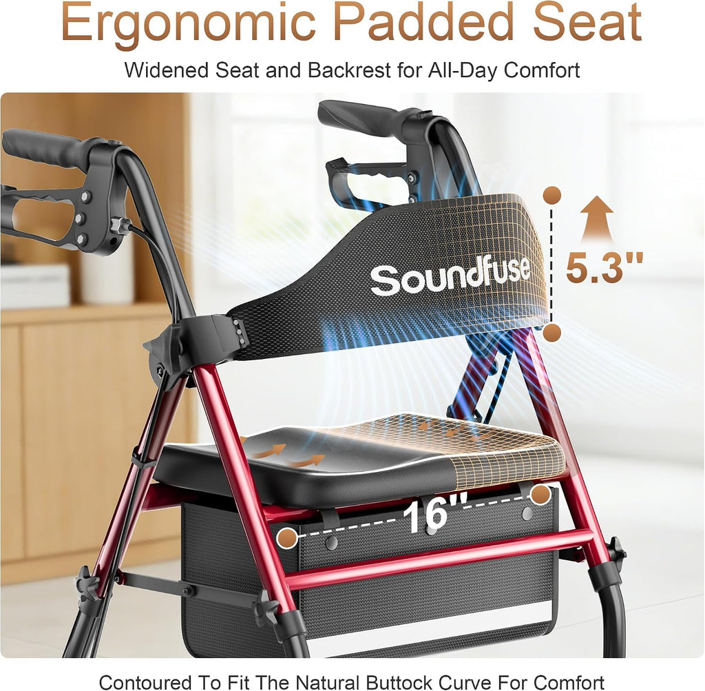 Walkers for Seniors, Rollator Walker with Seat, 8" All Terrain Wheels, Double Support Bar, 16" Ergonomic Arc Seat and