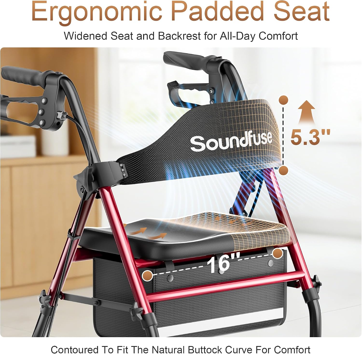 Walkers for Seniors, Rollator Walker with Seat, 8" All Terrain Wheels, Double Support Bar, 16" Ergonomic Arc Seat and