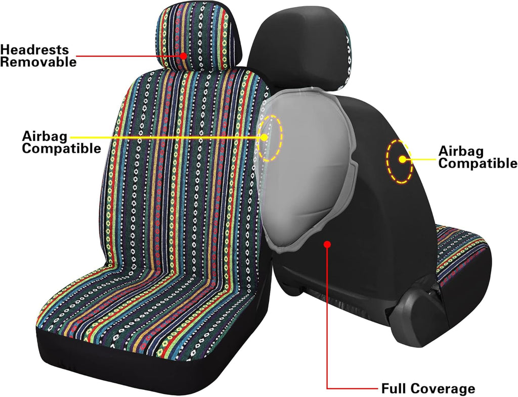 Baja Saddle Blanket Car Seat Covers Front Set with Seat Belt Pads, Washable Breathable Striped Woven Cloth Seat