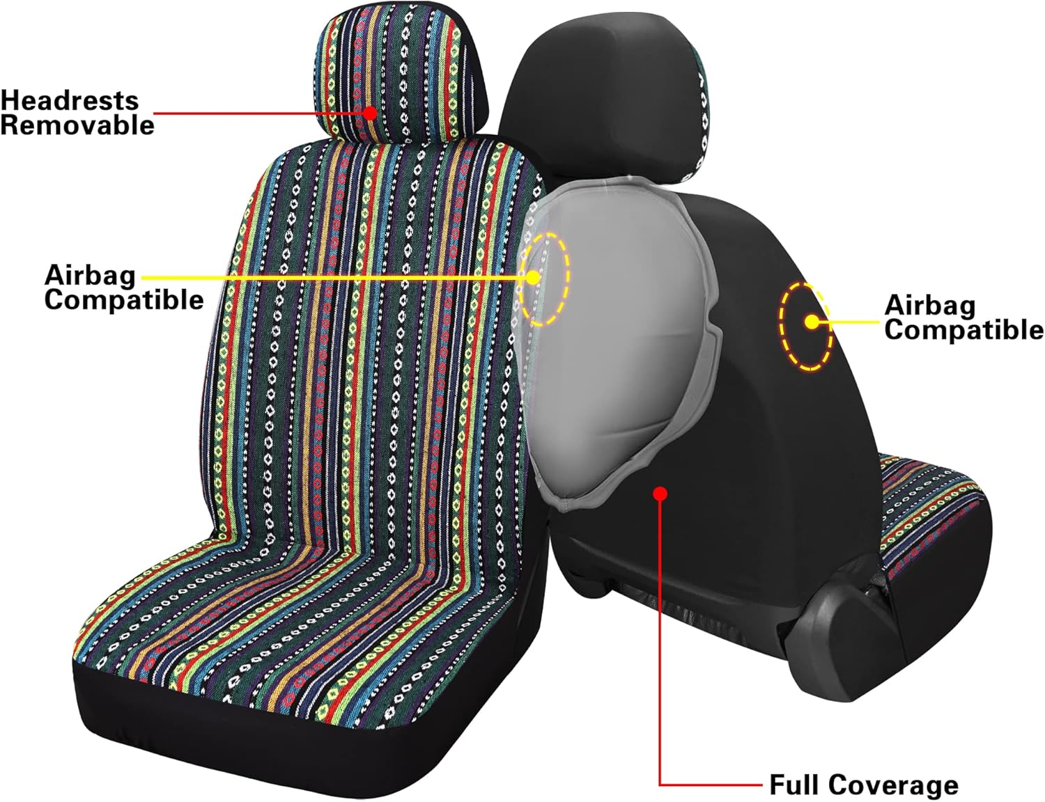 Baja Saddle Blanket Car Seat Covers Front Set with Seat Belt Pads, Washable Breathable Striped Woven Cloth Seat