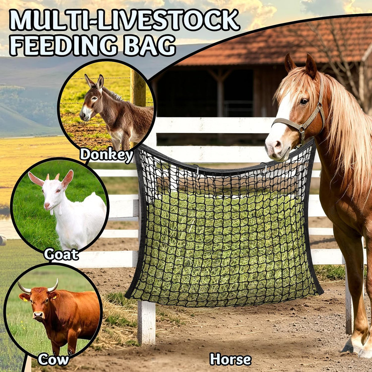 Hay Bags for Horses, Slow Feed Hay Nets for Horses Goat Sheep, Large Capacity Hay Feeder for Stall, Trailer, Pasture