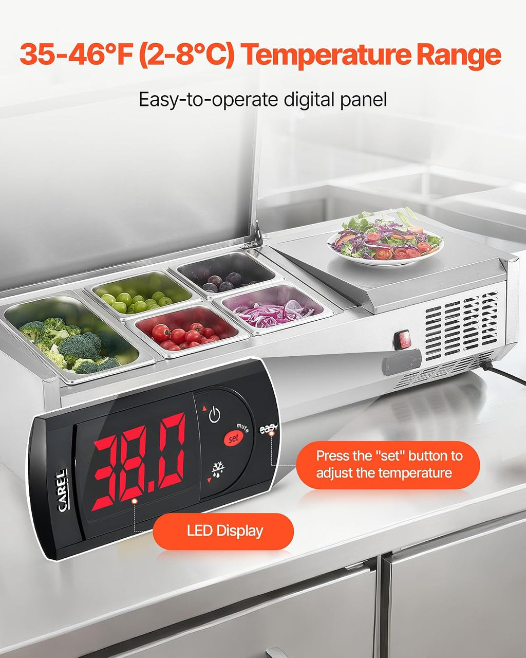Refrigerated Condiment Prep Station, 120 W Countertop Refrigerated Condiment Station, with One 1/3 Pan & Four 1/6