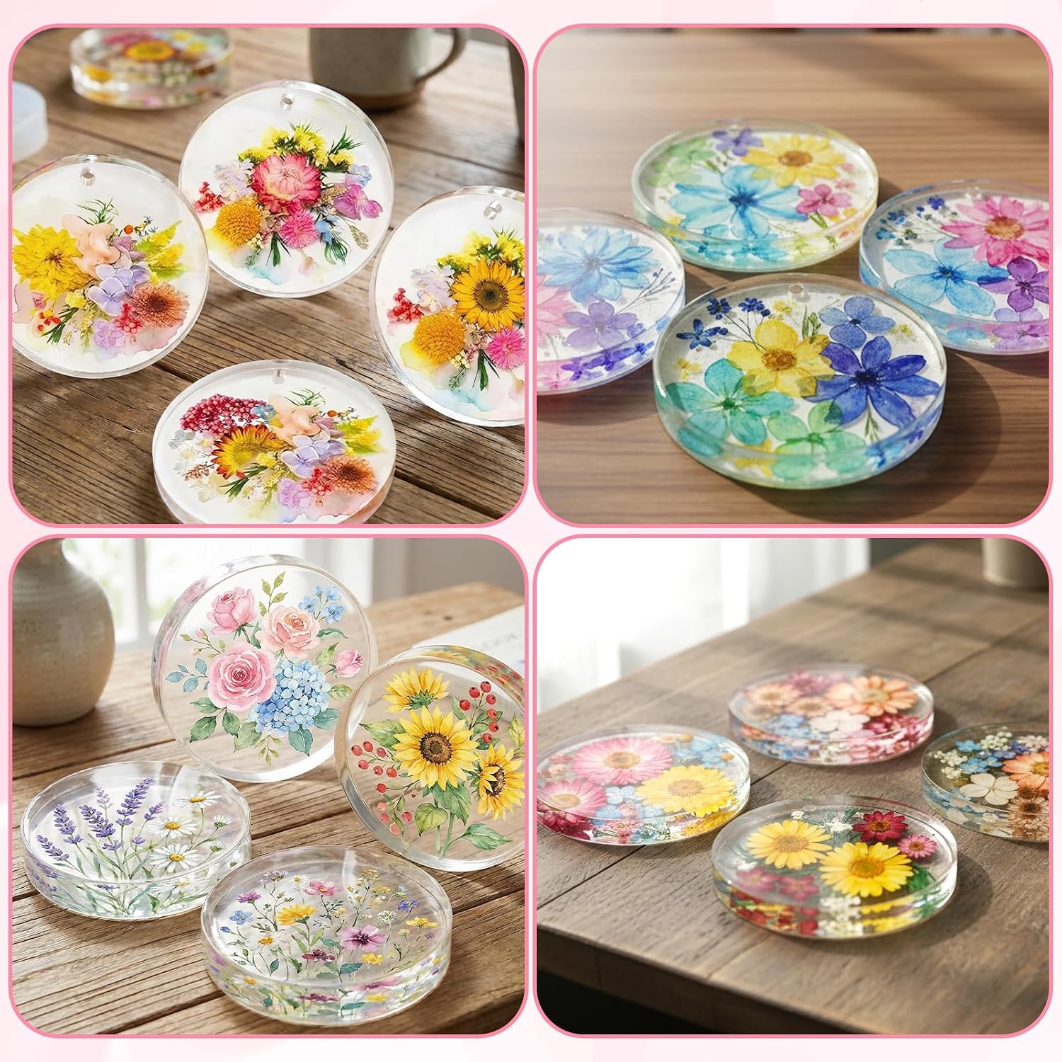4 Cavity Round Resin Coaster Molds, 3 Inch Epoxy Resin Molds Silicone, Cavity Circle Silicone Mold with Hole for