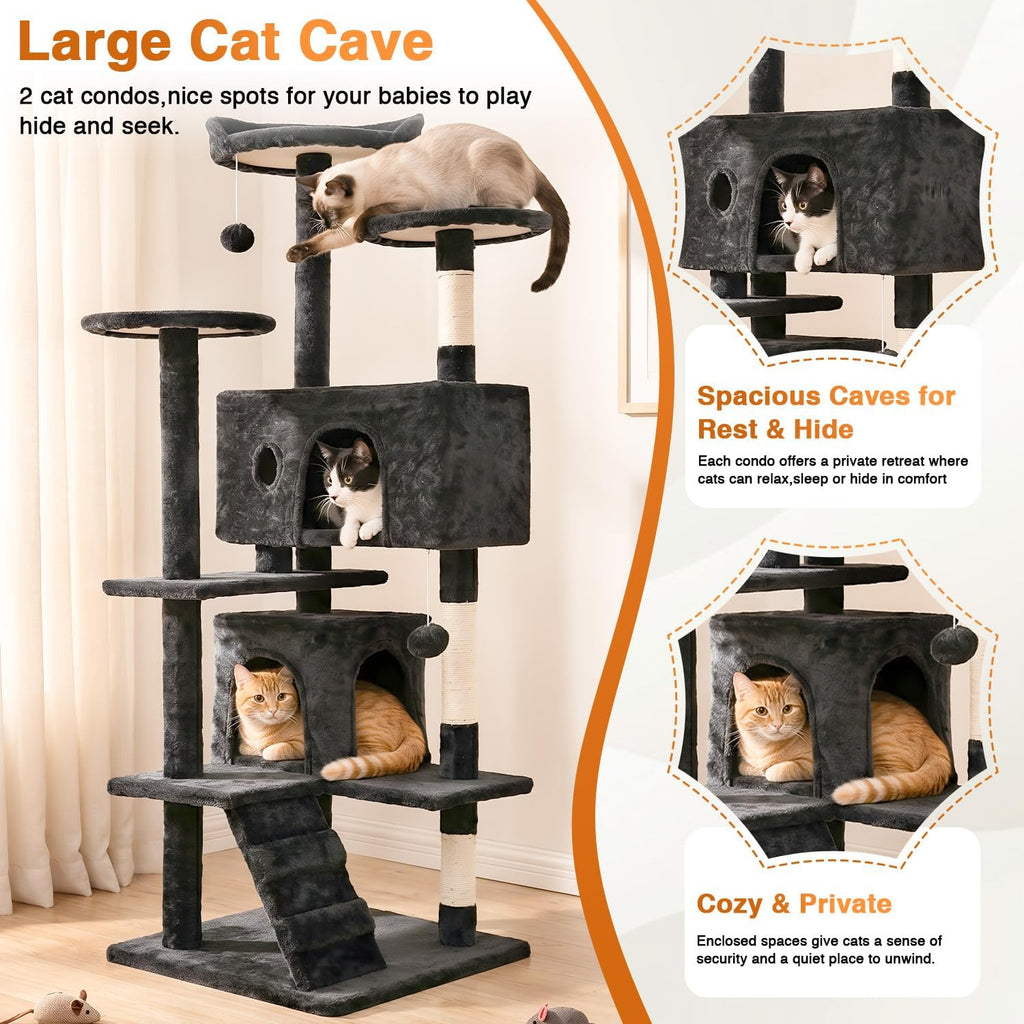 54" Cat Tree Tower | Dark Gray | Multi-Level Indoor Activity Center with Sisal Scratching Posts, Condos, Plush