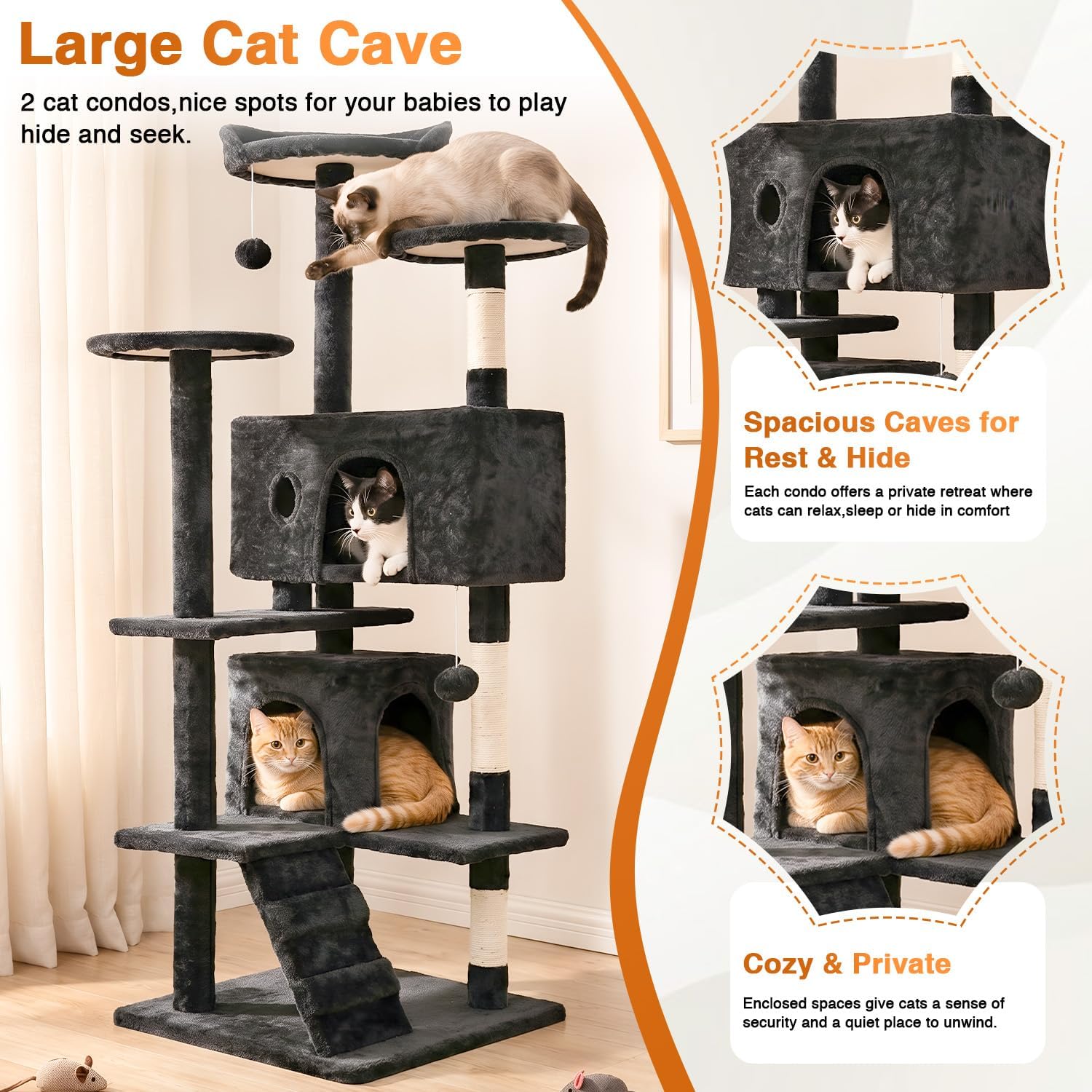 54" Cat Tree Tower | Dark Gray | Multi-Level Indoor Activity Center with Sisal Scratching Posts, Condos, Plush