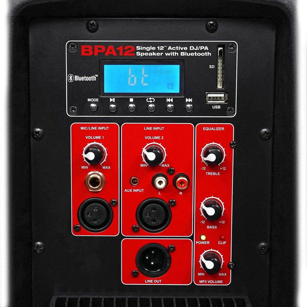 BPA12 12" Professional Powered DJ PA Speaker, with Bluetooth | 600W Peak, 150W RMS, USB and SD MP3 Playback, XLR and