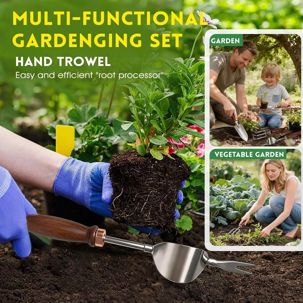 Garden Tools, 4 Pack Garden Shovel with Wooden Handles Hand Tools with Transplanting Hand Shovel, Rake and Root