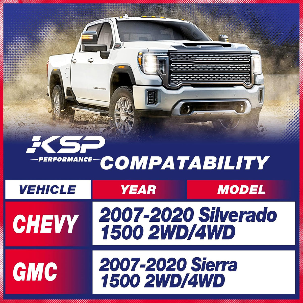 KSP Leveling Lift Kit for 2007-2020 Chevy Silverado 1500 GMC Sierra 1500, 3"F+2"R Full Suspension Lift Kits Including 3 Inch Front Strut Spacer and 2 Inch Rear Lift Block with Extended U Bolts