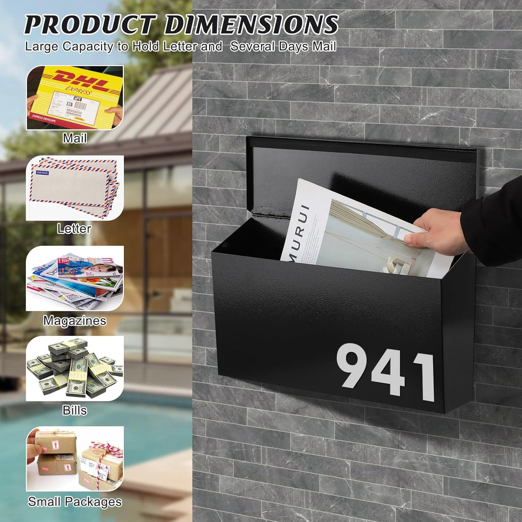 Wall-Mount Mailbox for House, Large Capacity Mail Box, Galvanized Steel Rust-Proof Metal Post Box, Mailboxes for