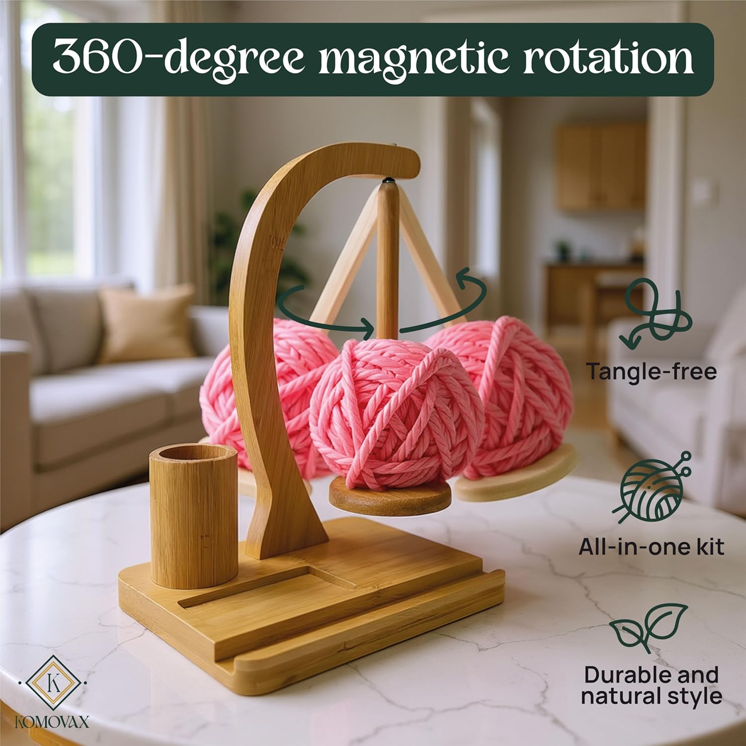 Wooden Yarn Holder with Sewing Kit & Crochet Ring – Portable Yarn Spinner for Crocheting, Knitting & Yarn