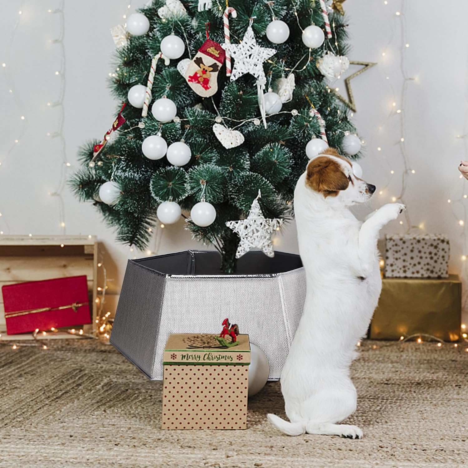 Hexagonal Christmas Tree Collar - Shiny Fabric Tree Skirt, Decorative Tree Ring for Holiday & Xmas Decor (Shiny Silver)