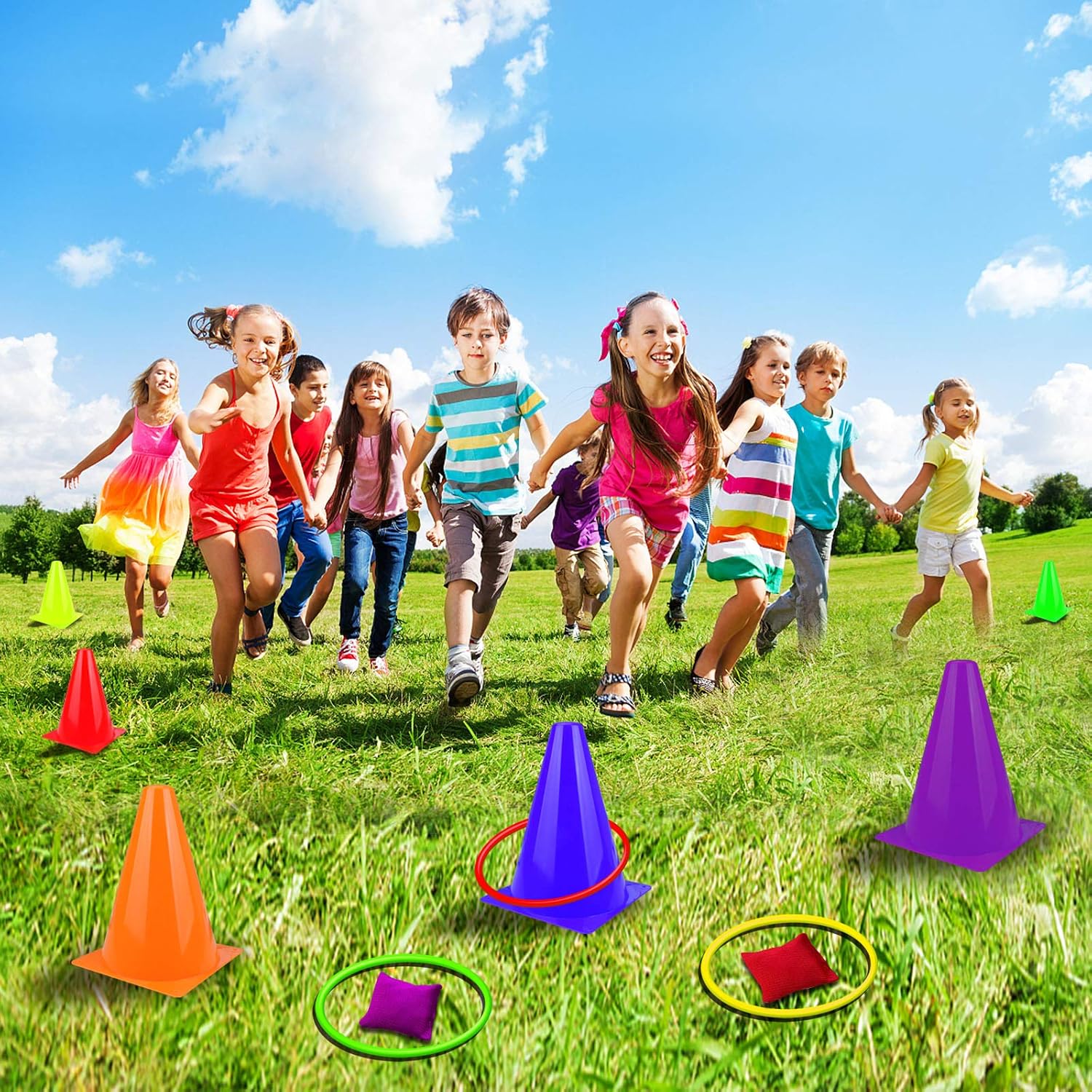 31PCS 3 in 1 Carnival Outdoor Games Combo Set for Kids, Soft Plastic Cones Bean Bags Ring Toss Game, Gift for