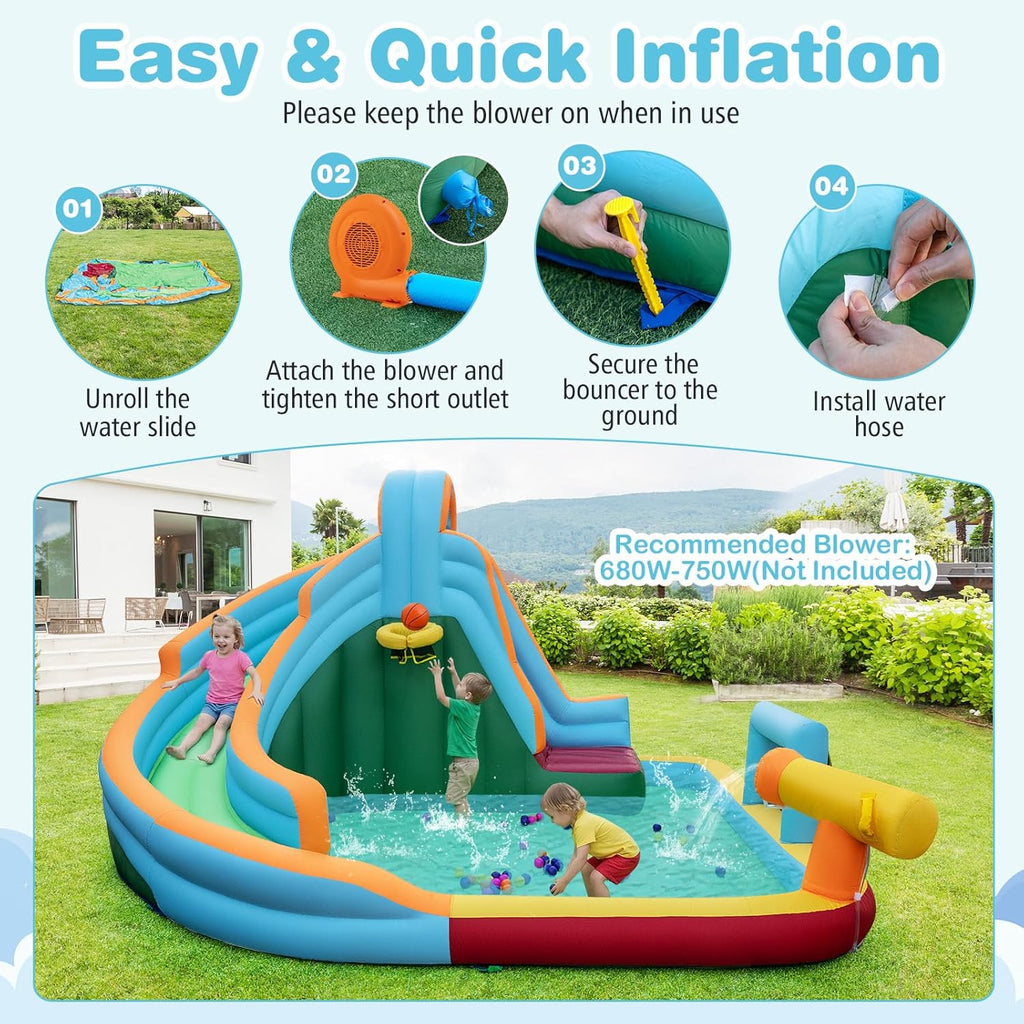 Inflatable Water Slide for Kids, 6 in 1 Water Park Bounce Castle for Backyard w/Ocean Balls, Splash Pool, Soccer