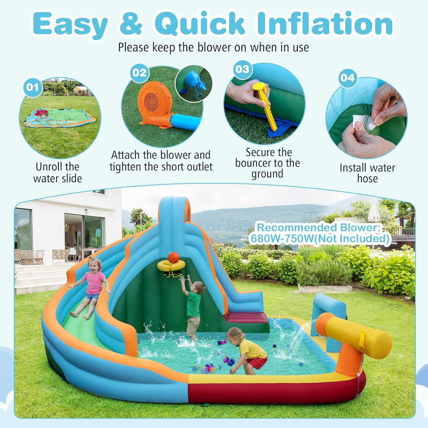 Inflatable Water Slide for Kids, 6 in 1 Water Park Bounce Castle for Backyard w/Ocean Balls, Splash Pool, Soccer