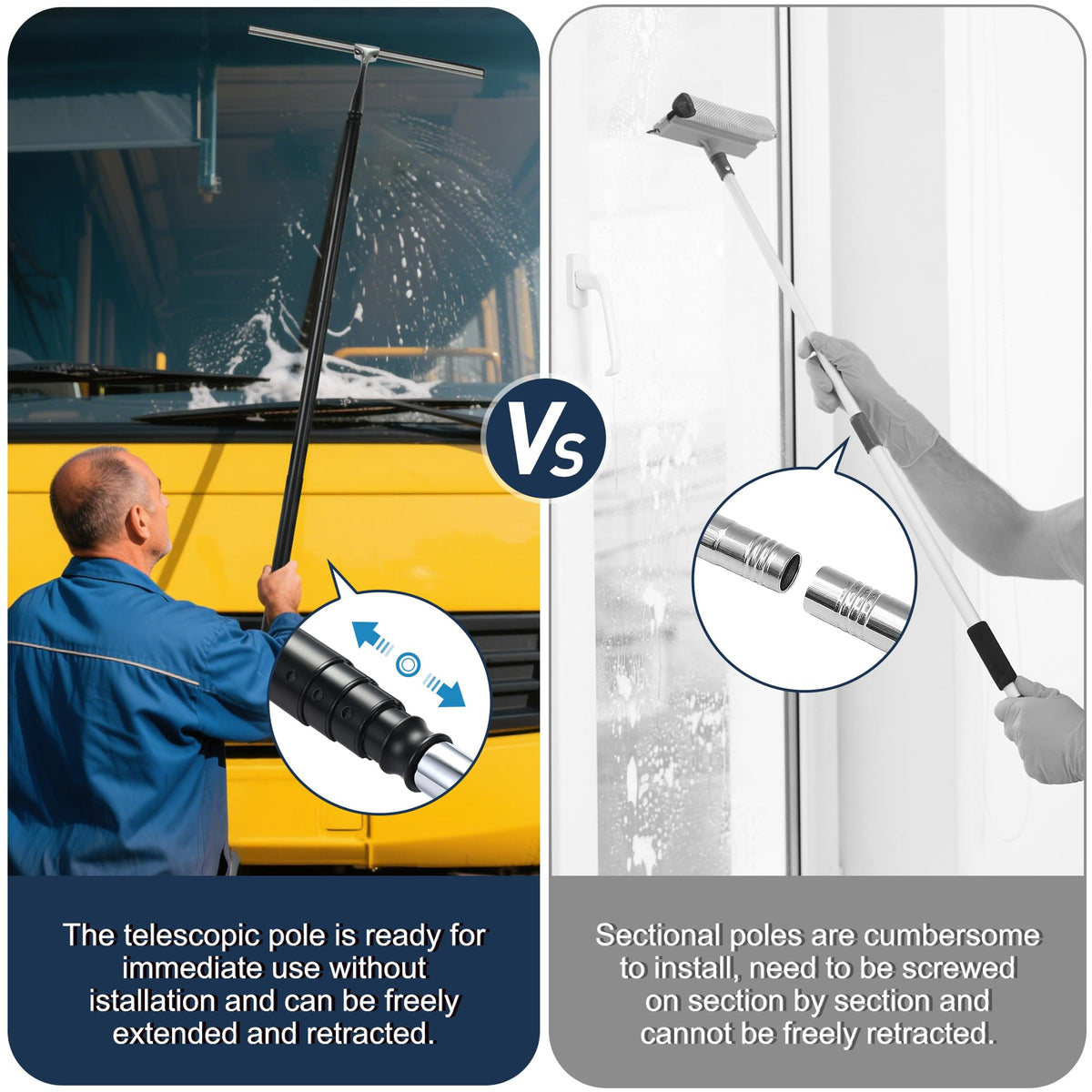 12-51’’ Telescopic Window Squeegee for High Windows, 2-in-1 Window Cleaning Kit with Extra Silicone Blade & Hook