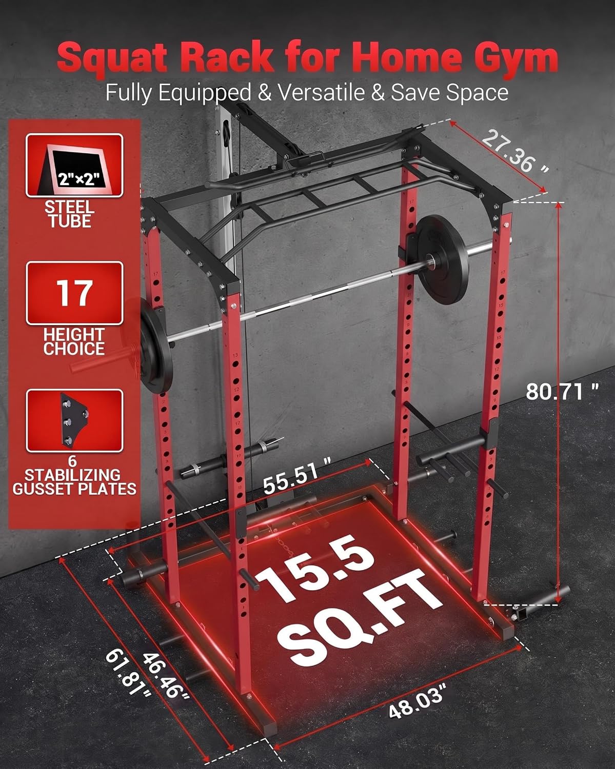 Power Cage, Power Racks for Home Gym with Pulley System | 1200 LBS Weight Capacity Multi-Functional Squat Rack for