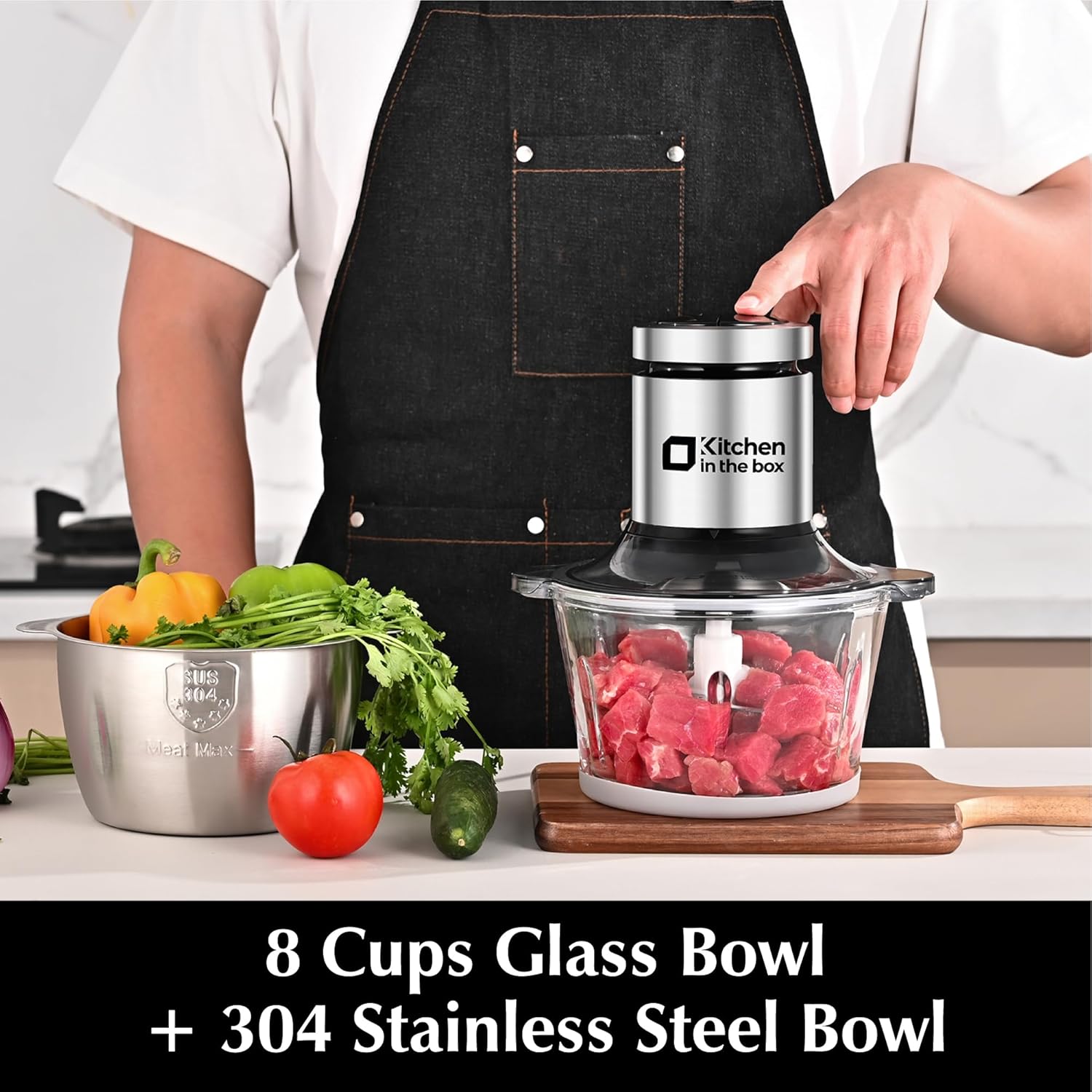 Food Processors,Small Meat Grinder & Food Chopper Electric Vegetable Chopper with 2 Bowls (8 Cup+8 Cup)& 2 Bi-Level