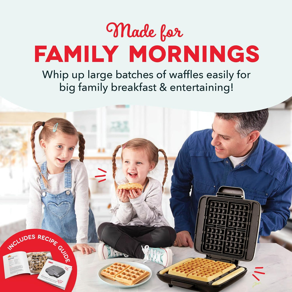 No-Drip Waffle Maker, 4 Square Mini Waffles at Once, Silver | Small Waffle Iron for Families, Kids Breakfast