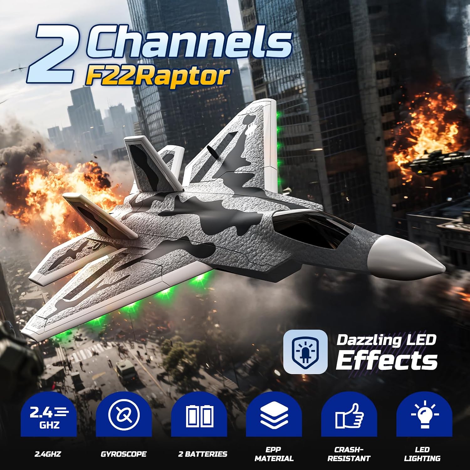 2CH F22 Raptor RC Plane wiht Lights,Remote Control Airplane Fighter Toys,2.4GHz 6-axis Gyro Stabilizer RTF Glider