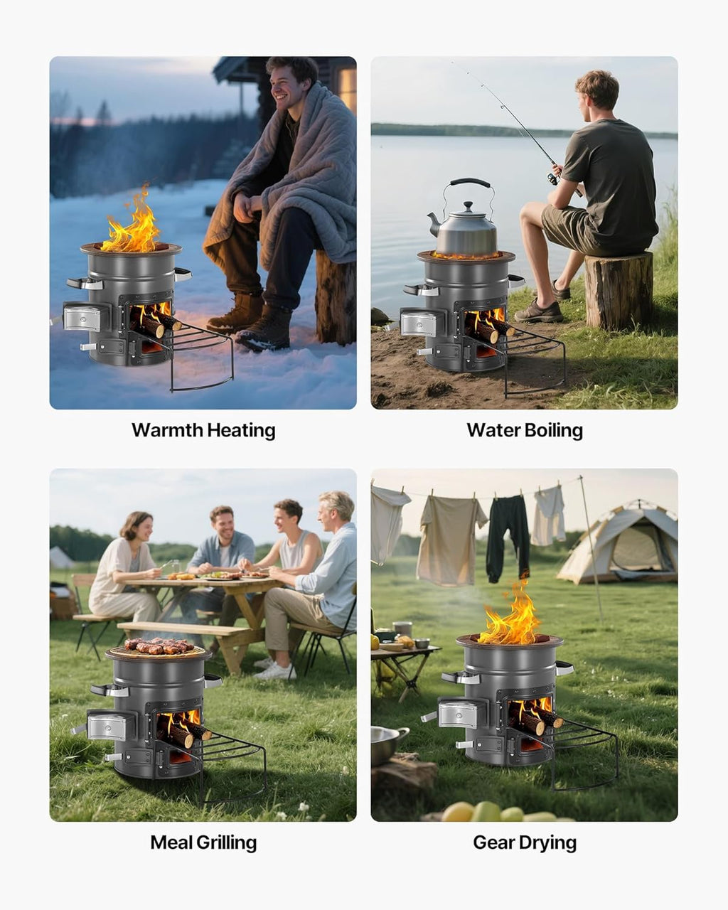 Camping Rocket Stove, Wood Burning Portable Rocket Stove with Carrying Bag for Backpacking, SPCC Steel, Double Door