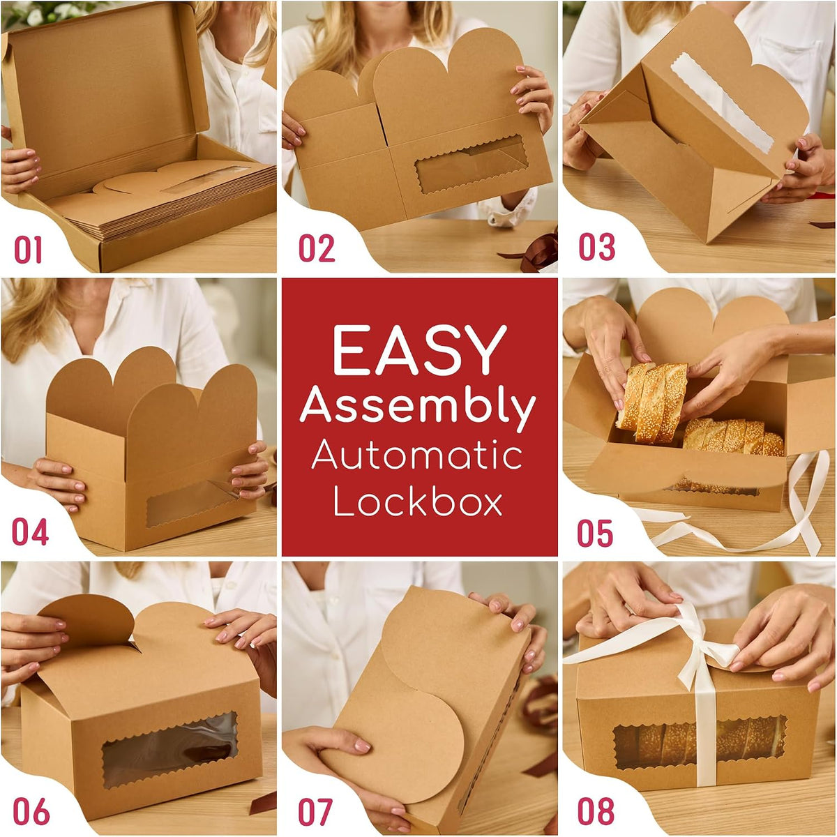 Large Bread Gift Boxes with Ribbons & Window (20 Pack) Mini Loaf Packaging
