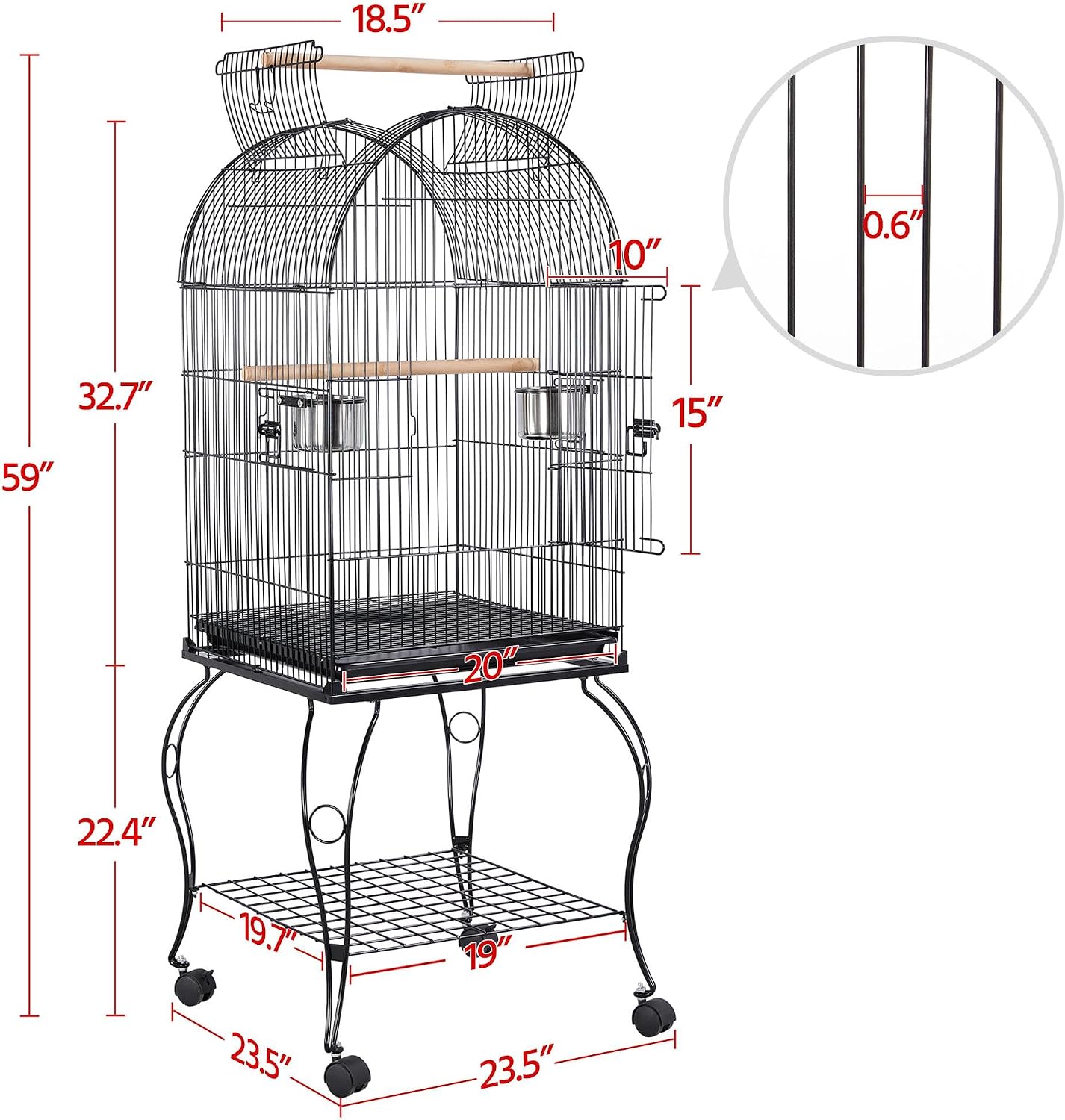 59-Inch Rolling Standing Medium Dome Open Top Bird Cage for Parrots Cockatiels Sun Conures Parakeets Lovebirds