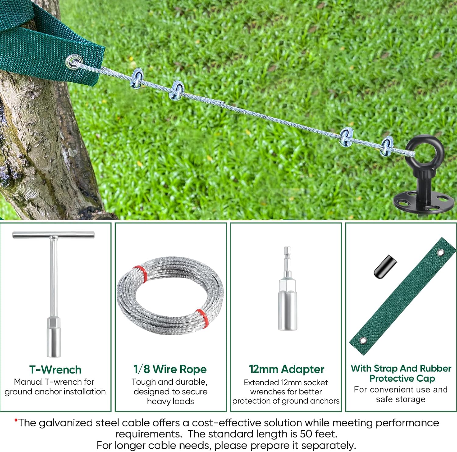 18'' Ground Anchors Screw in Heavy Duty, Shed Anchor Kit with Straps & Steel Cable & Tools, Earth Anchors for Mobile