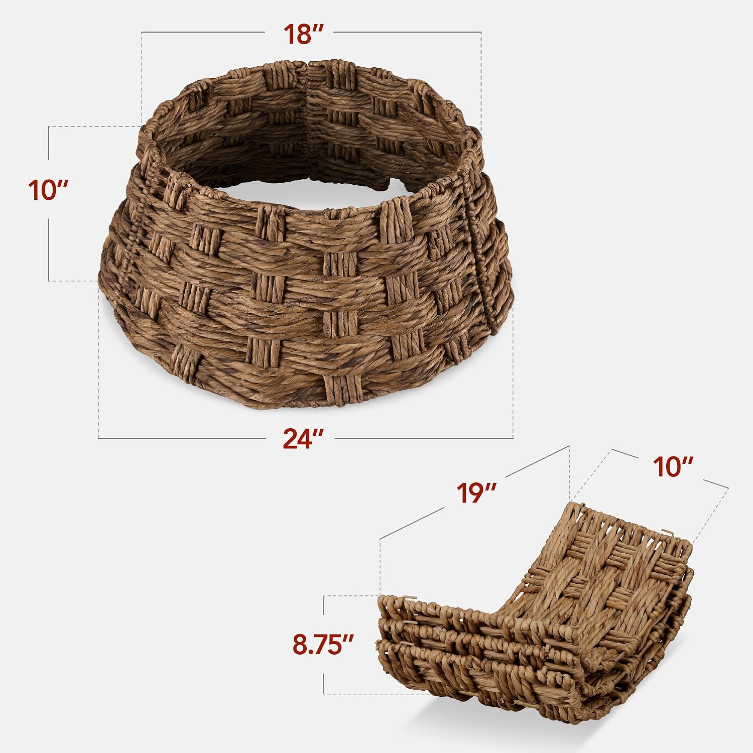 24in Christmas Tree Collar, Basket Woven Hyacinth 3-Piece Holiday Rattan Tree Skirt Accessory for Home w/Cord Cut-Out