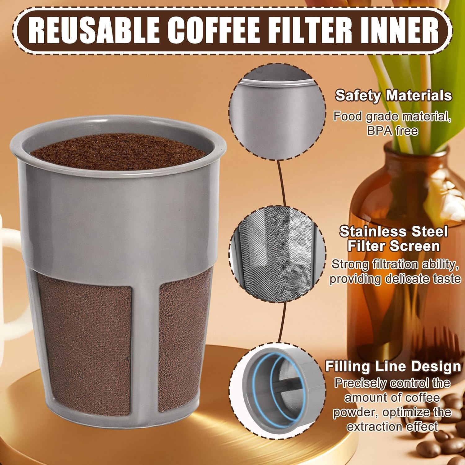K400 Reusable Coffee Filter Inner 3 Pack with Coffee Spoon | Compatible with Keurigg My K-Cup 2.0 K250 K300 K350 K375