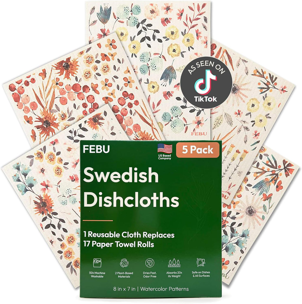Swedish Dishcloths for Kitchen, 5 Pack, Watercolor Floral