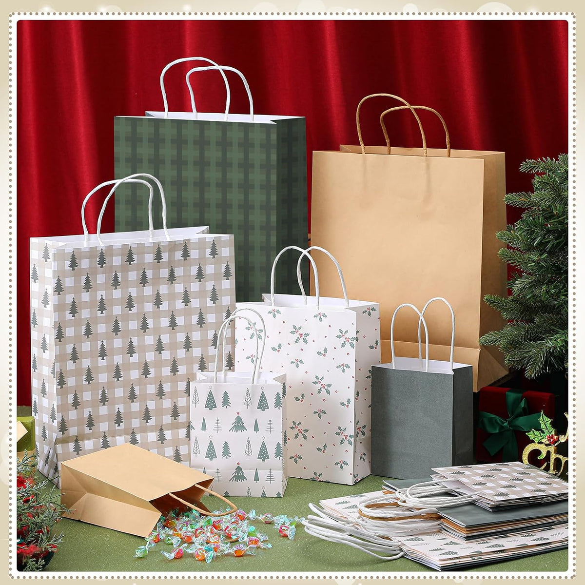 18 Pcs Green White Christmas Kraft Gift Bags, Neutral Aesthetic