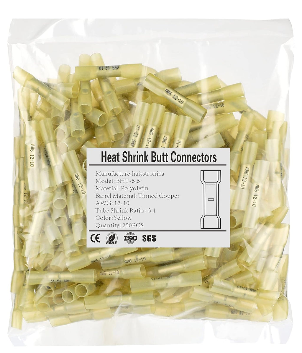 250PCS Yellow Heat Shrink Butt Connectors 12-10 AWG | 3:1 adhesive-lined heat shrink, built-in wire stop, single-size
