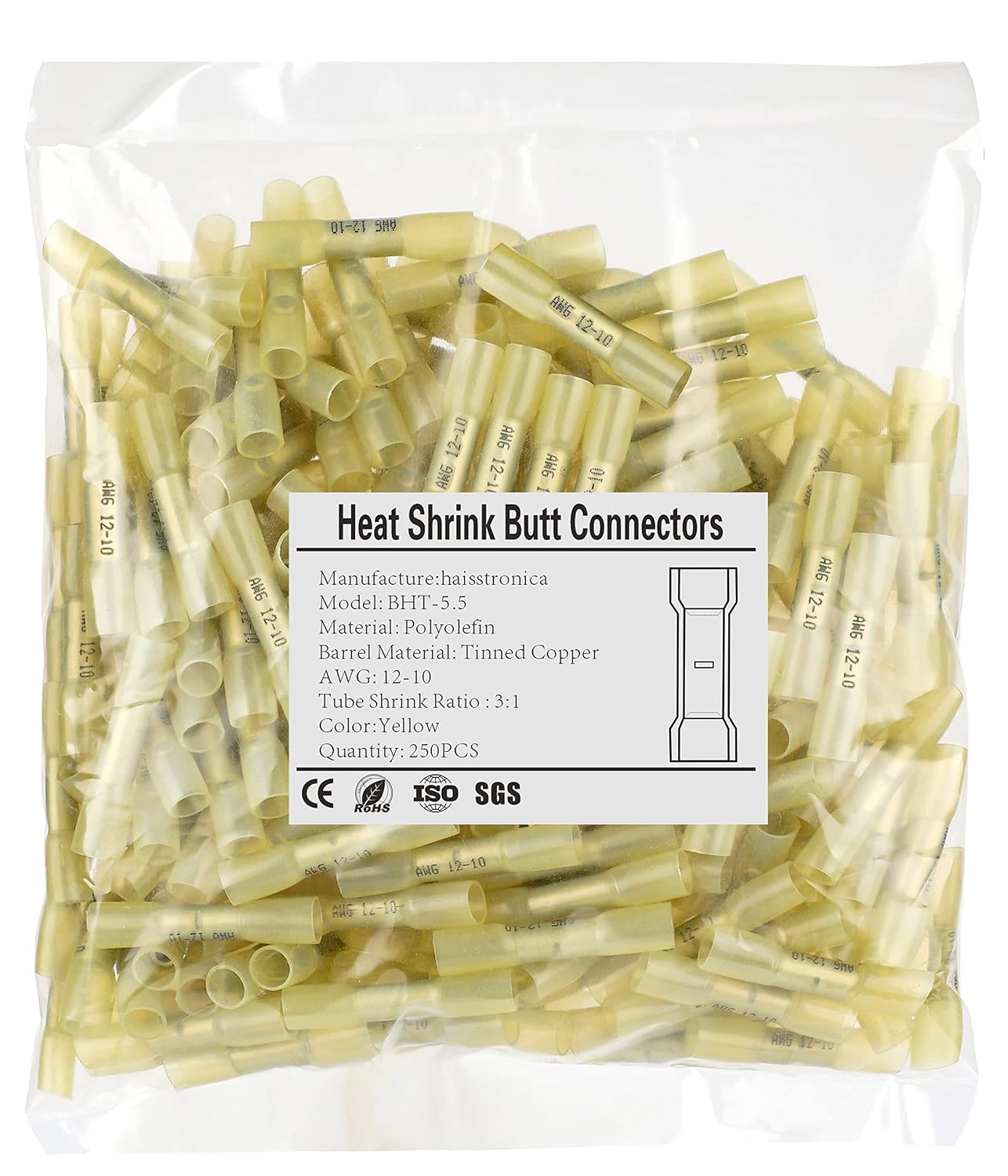 250PCS Yellow Heat Shrink Butt Connectors 12-10 AWG | 3:1 adhesive-lined heat shrink, built-in wire stop, single-size