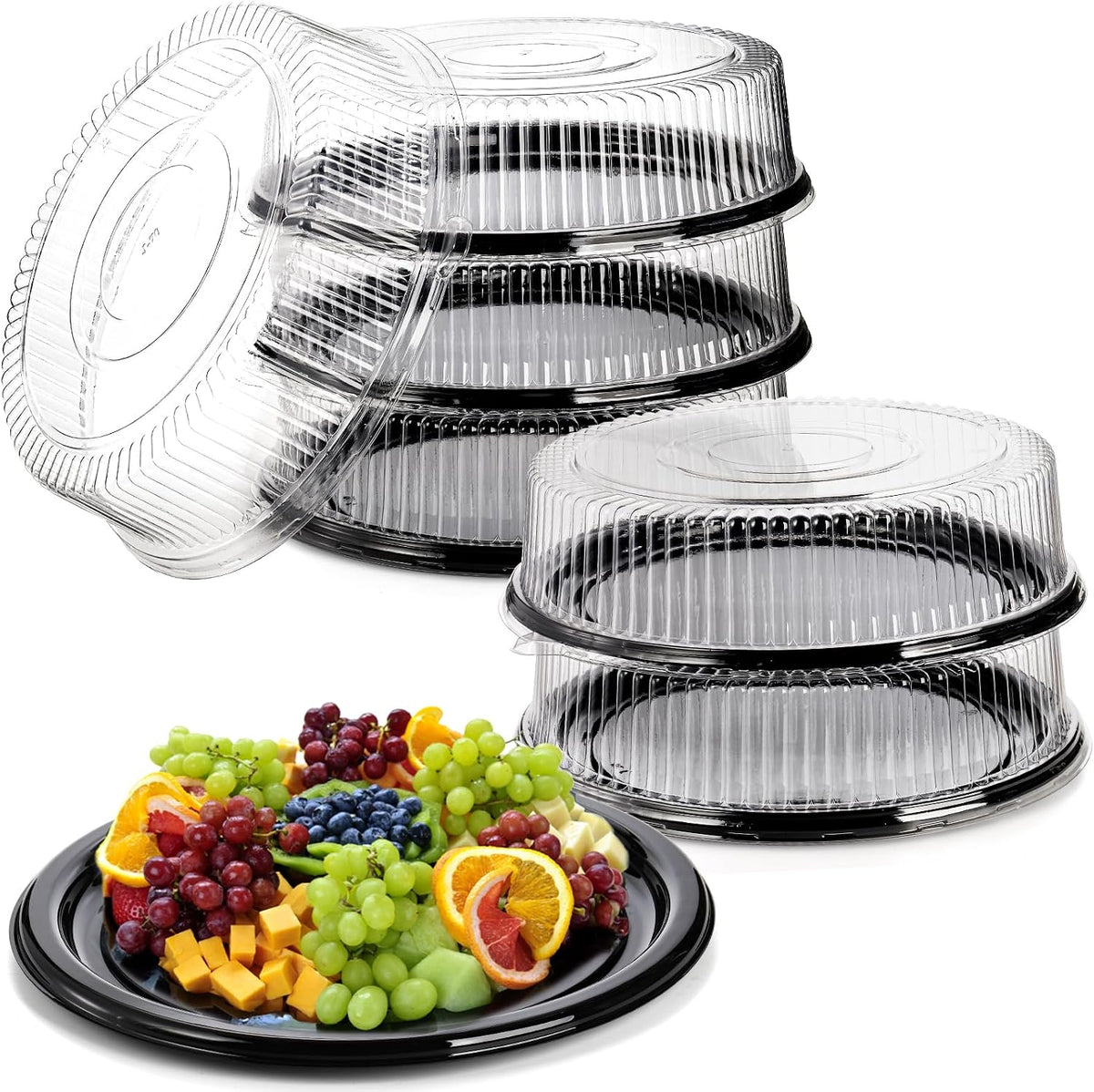 6 Pack 16 inch Plastic Serving Tray with Clear Lid, Heavy Duty Round Large Appetizer Serving Trays Catering Tray