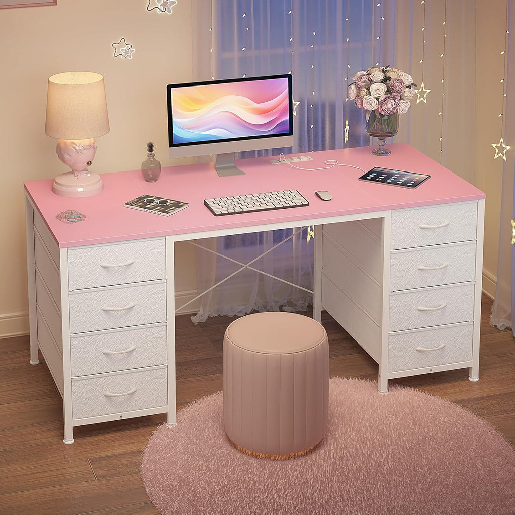 50 Inch Computer Desk with 8 Drawers, Home Office Desk with Power Outlets, Work Study Gaming Desk with 8 Fabric