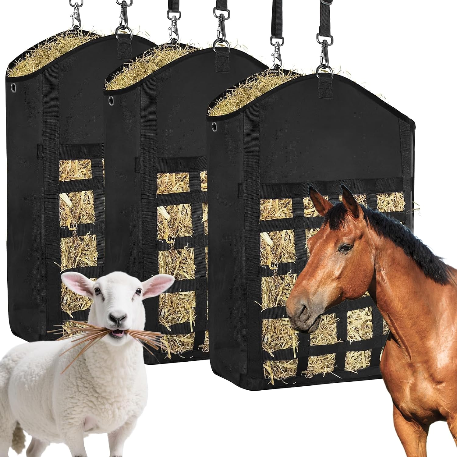 Hay Bag for Horses Goat: 3pcs Large Capacity Oxford Hay Feeder Bag with Hay Nets&Adjustable Strap