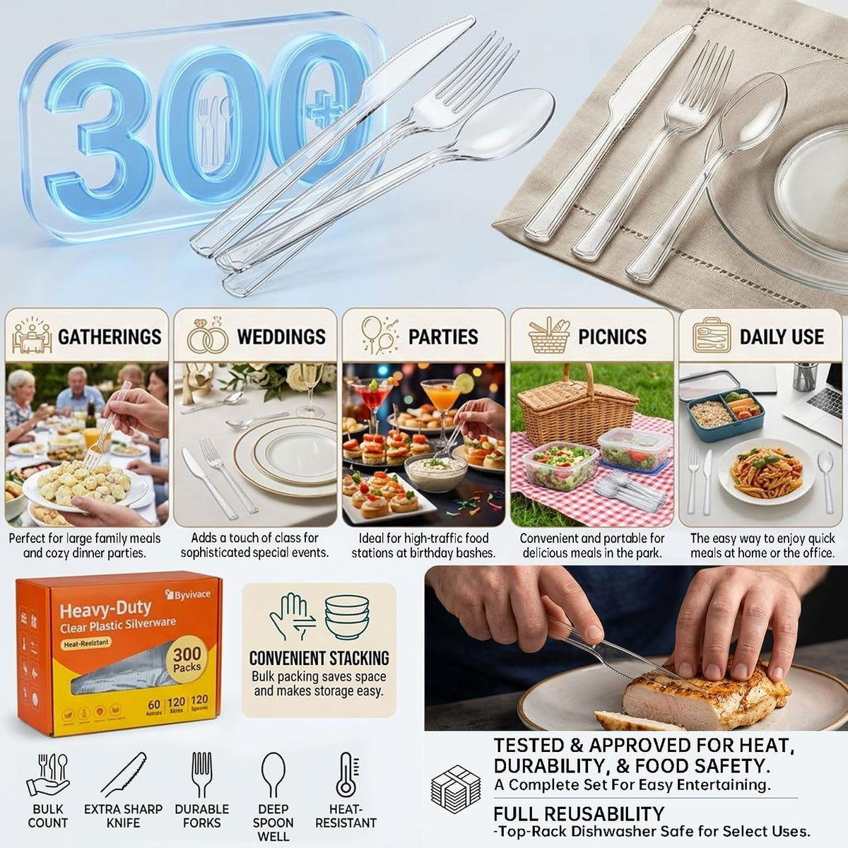 300 Count Heavy Duty Plastic Silverware, Bulk Disposable Utensils for Party