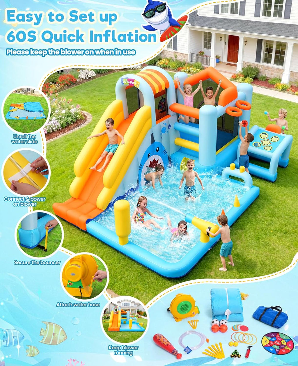24-in-1 Unicorn Shark Cave Inflatable Water Slides Bounce House Wet Dry Park for Kids Backyard with Blower