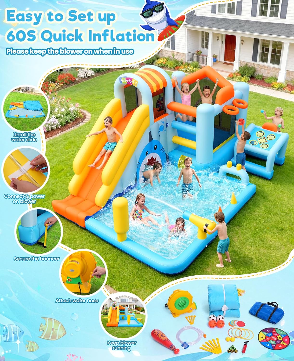 24-in-1 Unicorn Shark Cave Inflatable Water Slides Bounce House Wet Dry Park for Kids Backyard with Blower