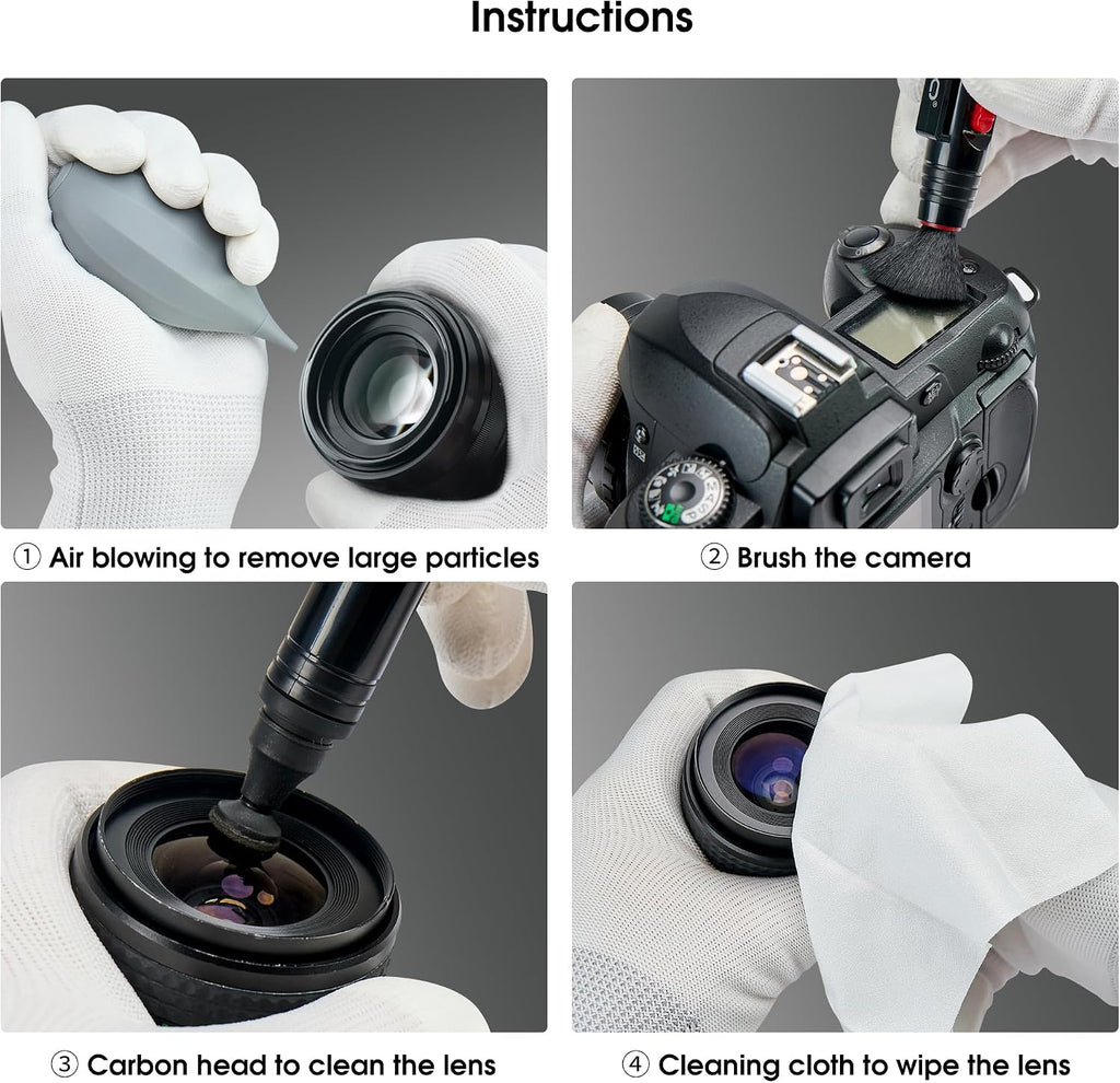 4-in-1 Camera Cleaning Kit for Canon, Nikon, Sony DSLR Cameras | Air Blower, Dual-Head Lens Brush Pen, Microfiber