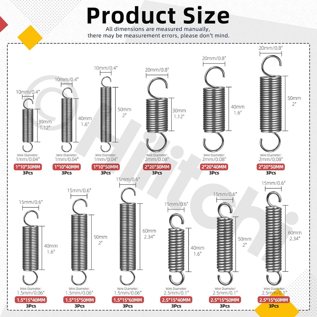 36Pcs Extension Spring Assortment Kit 12 Sizes Extension Spring Carbon Steel Small Springs Extended Spring