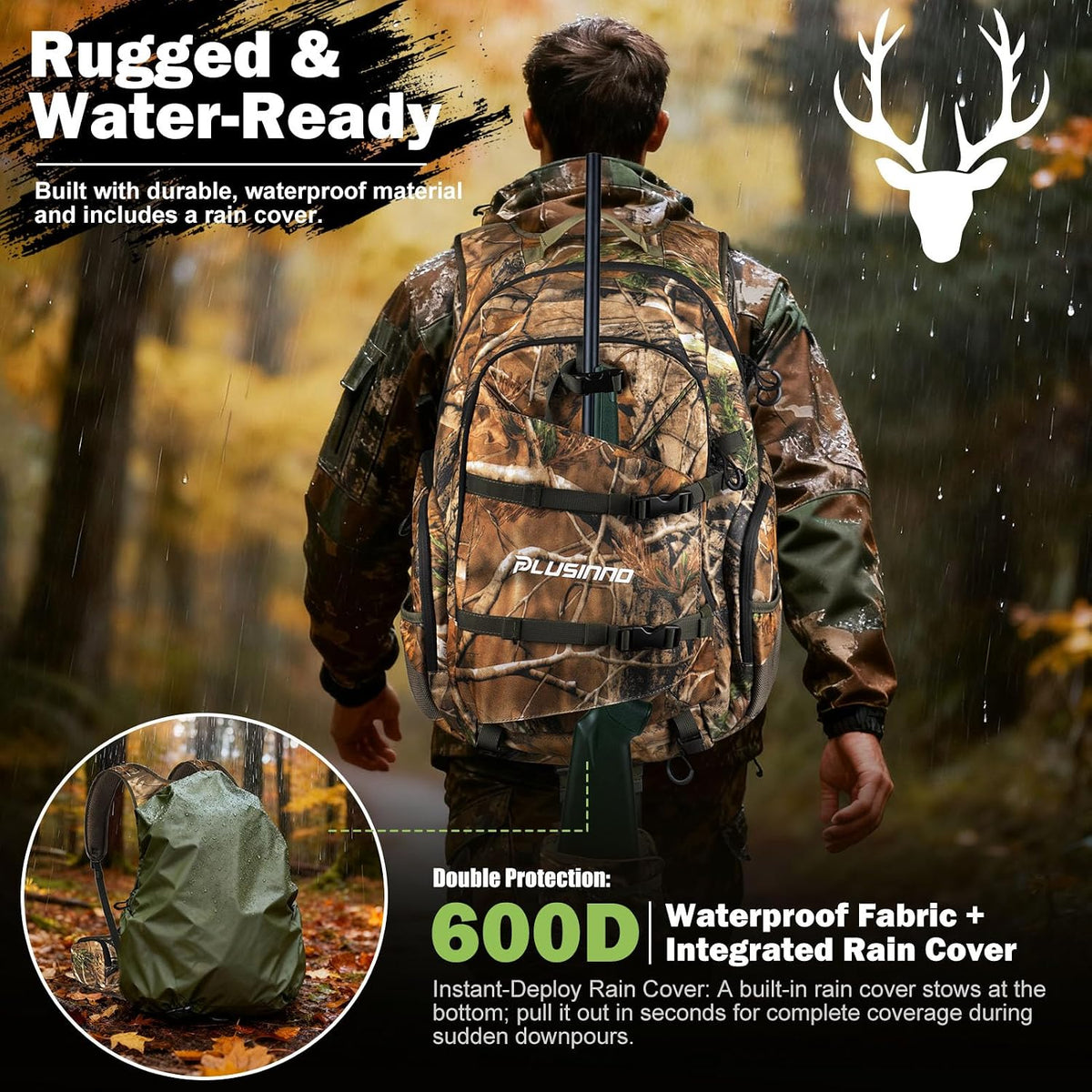 Hunting Backpack for Hunting Essentials, 45L Waterproof Hunting Gear with Rain Cover, & Padded Scabbard Carry System