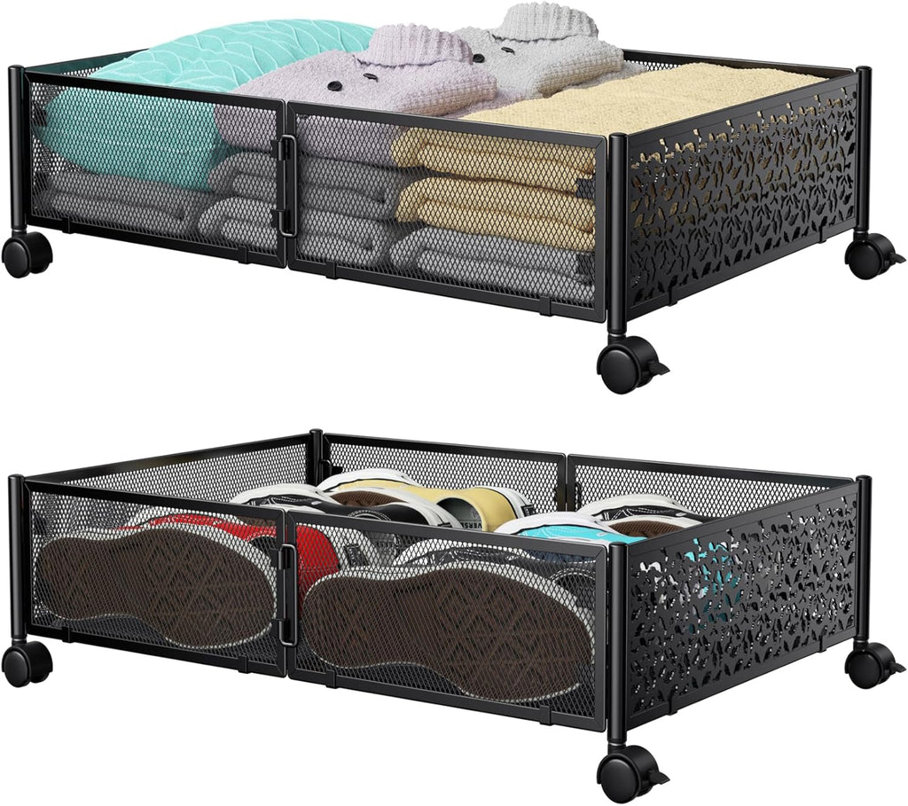 Under Bed Storage Containers with Wheels, Under Bed Shoe Storage Organizer Drawer, Tool-free Assembly Metal Storage