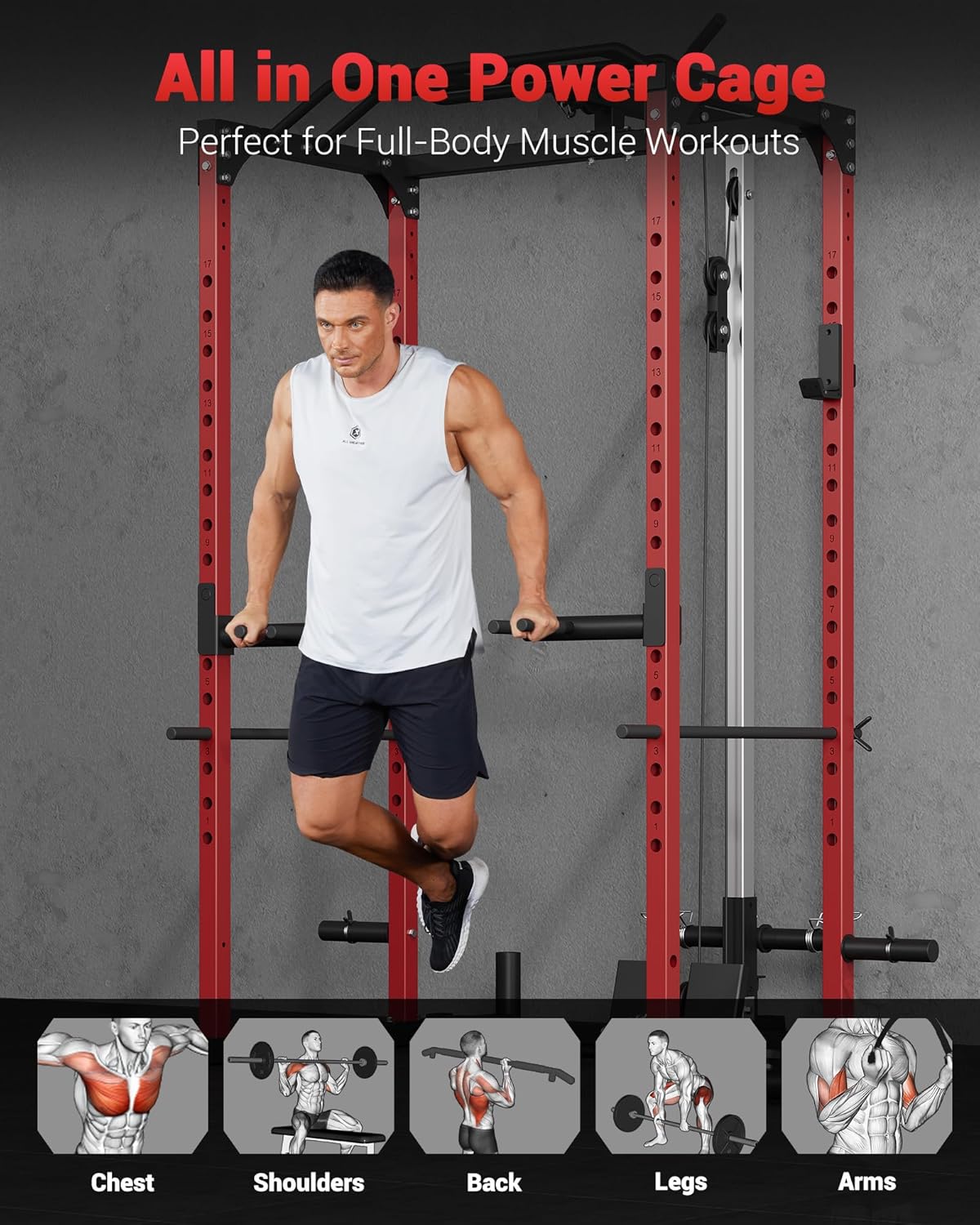 Power Cage, Power Racks for Home Gym with Pulley System | 1200 LBS Weight Capacity Multi-Functional Squat Rack for
